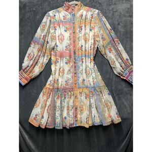 Dalia MacPhee Dress Woman’s L Floral Mock Neck Sheer Sleeve Romantic Boho Mini